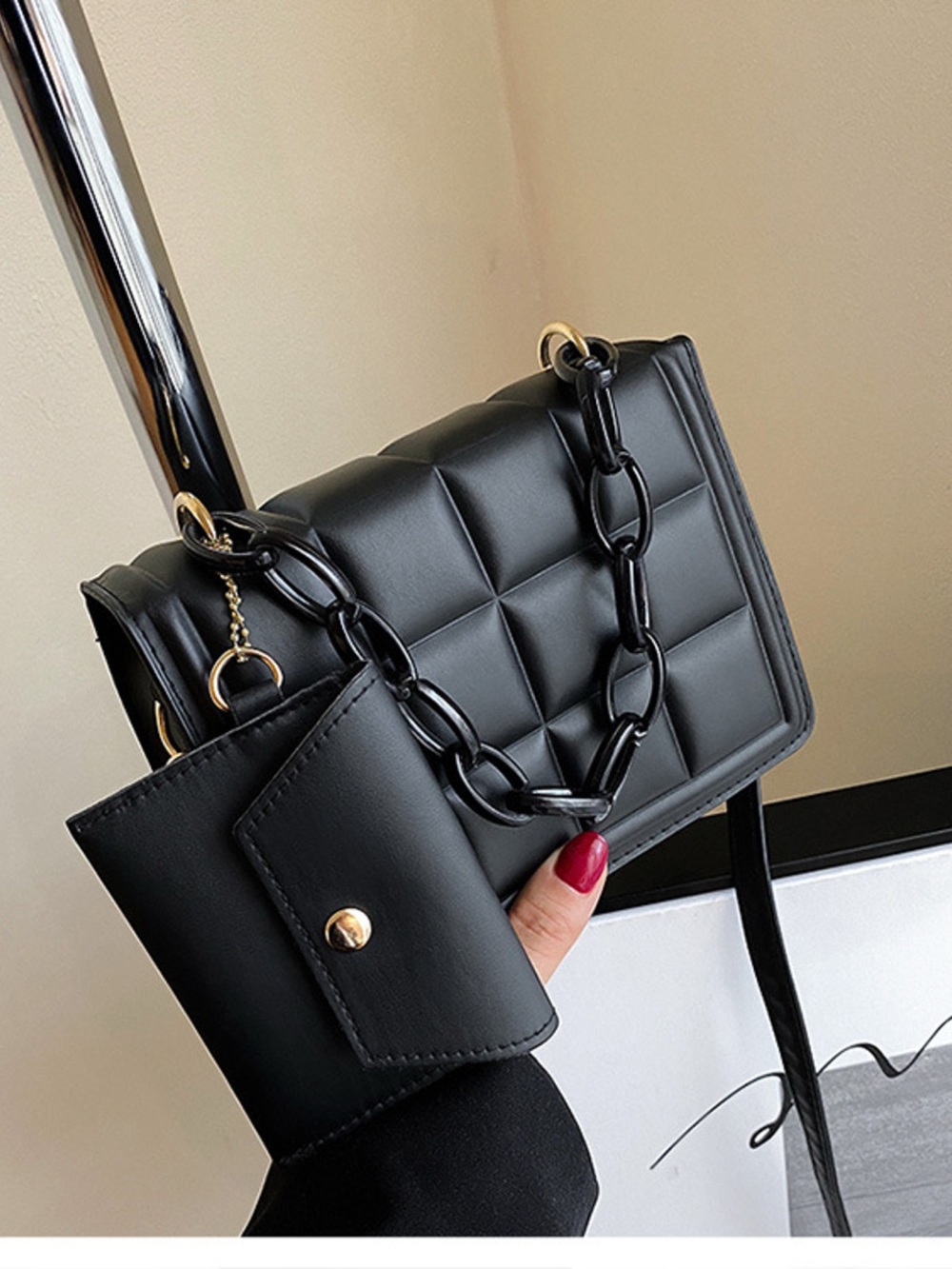 Black Quilted Crossbody Bag with Chunky Chain and Detachable Pouch
